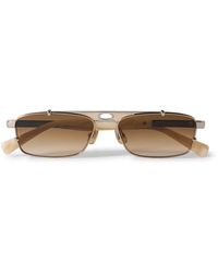 Brunello Cucinelli - Square-frame Leather-trimmed Gold-tone Sunglasses - Lyst