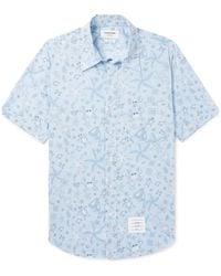 Thom Browne - Button-down Collar Logo-appliquéd Printed Cotton-voile Shirt - Lyst
