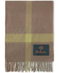 Mulberry - Large Check Lambswool Scarf In Solid Grey And Cambridge Green Lambswool - Lyst