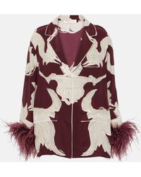 Valentino - Printed Feather-trimmed Silk Crepe De Chine Blouse - Lyst