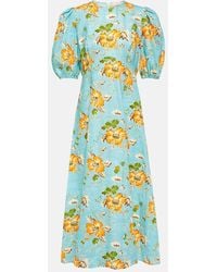 ALÉMAIS - Vestido midi de lino floral con mangas abullonadas - Lyst