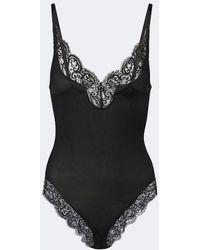 Saint Laurent - Body Acanalado De Seda Con Encaje - Lyst