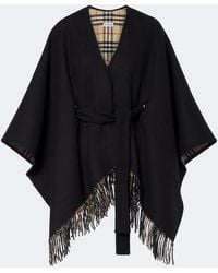 Burberry - Check Fringed Wool Cape - Lyst