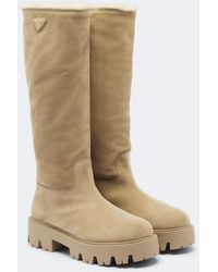 Prada - Shearling-Lined Suede Knee-High Boots - Lyst