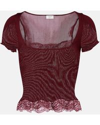 Saint Laurent - Cropped Leavers Lace-Trimmed Ribbed Silk-Jersey Top - Lyst