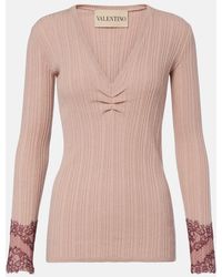 Valentino - Gathered Lace-Trimmed Cashmere Sweater - Lyst