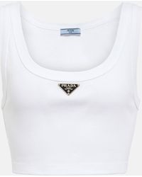 Prada - Logo-plaque Cropped Cotton-jersey Tank Top - Lyst