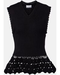 Ganni - Crochet-Trimmed Ribbed Cotton-Blend Top - Lyst