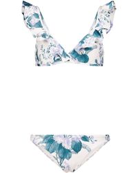 Zimmermann Cassia Floral Ruffle-trimmed Bikini - Blue