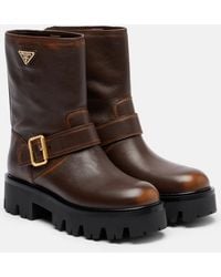 Prada - Logo Leather Biker Boots - Lyst