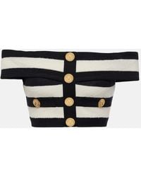 Balmain - Top con spalle scoperte in misto cotone a righe - Lyst
