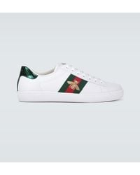 Gucci - Ace Watersnake-Trimmed Embroidered Leather Sneakers - Lyst