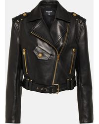 Balmain - Cropped Leather Biker Jacket - Lyst