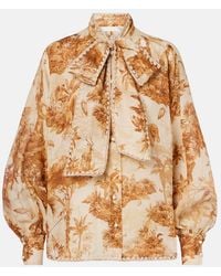 Zimmermann - Indra Printed Tie-Neck Ramie Blouse - Lyst