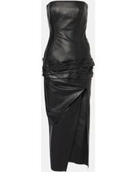 The Attico - Draped Strapless Leather Midi Dress - Lyst