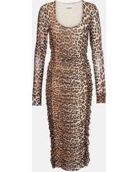 Ganni - Leopard-Print Ruched Mesh Midi Dress - Lyst