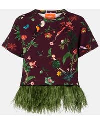 La DoubleJ - La Scala Feather-Trimmed Printed Cotton T-Shirt - Lyst