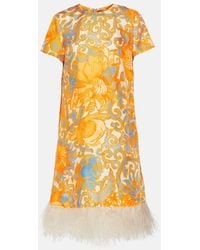 La DoubleJ - Printed Feather-trimmed Silk Minidress - Lyst