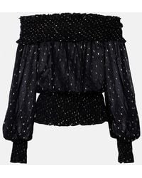 Self-Portrait - Shirred Metallic-Effect Off-Shoulder Top - Lyst