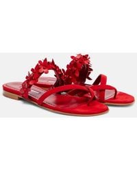 Manolo Blahnik - Fiosa Floral-Applique Suede Sandals - Lyst