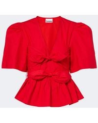Ganni - Bow-Detail Cotton Poplin Blouse - Lyst