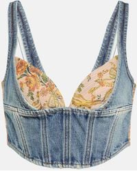 Alessandra Rich - Floral Cropped Denim Bustier Top - Lyst