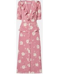 Alessandra Rich - Vestido Midi De Seda Floral Con Volantes - Lyst