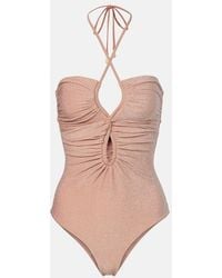 Johanna Ortiz - Cutout Ruched Halterneck Lame Swimsuit - Lyst