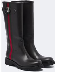 Gucci - Web Stripe Leather Biker Boots - Lyst