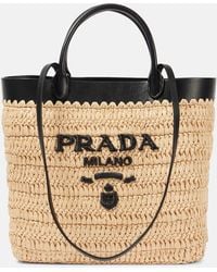 Prada - Small Logo Raffia-Effect Tote Bag - Lyst
