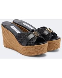 Jimmy Choo - Leda Leather-Trimmed Raffia Wedge Mules - Lyst