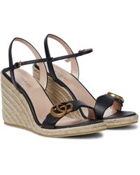 Gucci Double G Leather Wedge Espadrille Sandals - Black
