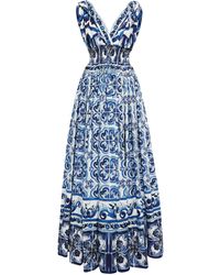 Dolce & Gabbana Abito lungo in popeline di cotone con stampa - Blu