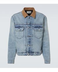 FRAME - Distressed Suede-Trimmed Denim Jacket - Lyst