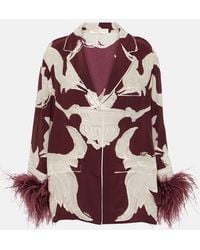 Valentino - Printed Feather-Trimmed Silk Crepe De Chine Blouse - Lyst