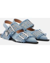 Ganni - Faded Denim Slingback Ballet Flat Shoe With Buckles - Lyst
