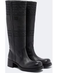 Miu Miu - Embroidered Leather Knee-High Boots - Lyst