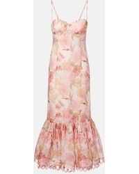 Zimmermann - Vestido Midi Como De Lino Y Seda Floral - Lyst