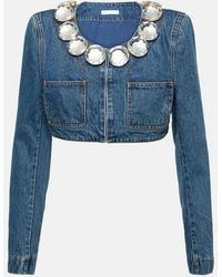 Area - Embellished Cropped Denim Jacket - Lyst