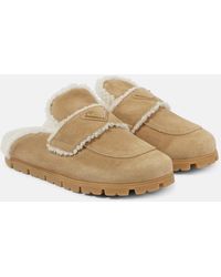 Prada - Shearling-Lined Suede Mules - Lyst