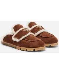Prada - Shearling-Lined Suede Mules - Lyst