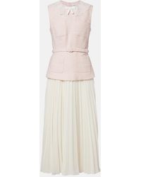 Self-Portrait - Belted Pleated Boucle And Chiffon Midi Dress - Lyst