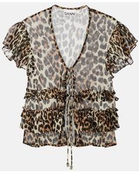Ganni - Leopard-Print Ruffled Chiffon Blouse - Lyst