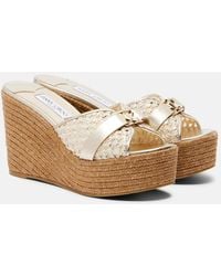 Jimmy Choo - Leda Raffia-Trimmed Leather Wedge Espadrilles - Lyst