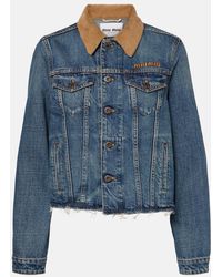Miu Miu - Logo Distressed Corduroy-Trimmed Denim Jacket - Lyst