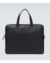 Prada Logo Saffiano Leather Briefcase - Black