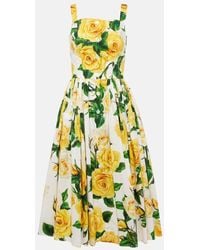 Dolce & Gabbana - Pleated Button-embellished Floral-print Cotton-poplin Midi Dress - Lyst