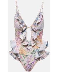 Zimmermann - Halliday Waterfall Frill Ruffled Floral Swimsuit - Lyst