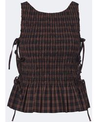 Ganni - Checked Shirred Cotton Top - Lyst
