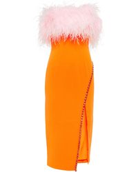 Self-Portrait Vestido midi de crepe con plumas - Naranja